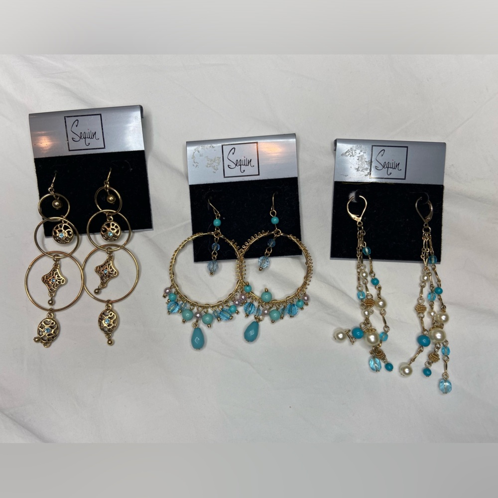 3 Pairs pierced earrings Gold Tone and Turquoise color Dangley Bohemian